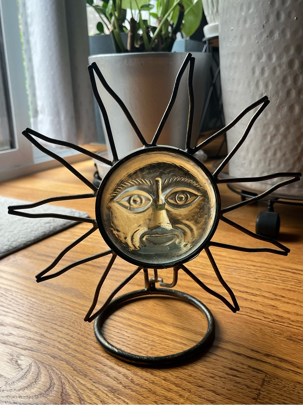 Vintage Celestial Standing Sun Face Metal Candle Holder